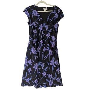 Due Per Due Womens VTG Y2K Silk Black Purple Floral Midi Dress Sz 10 Wimsy Fairy